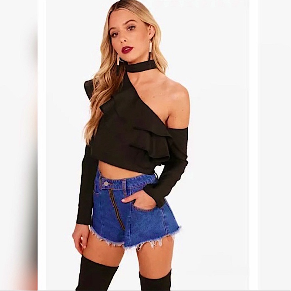 NWT Tie Neck Ruffle Asymmetric Crop Top - One Shoulder